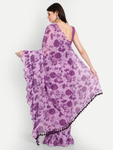 Purple Bird Print Frill Saree
