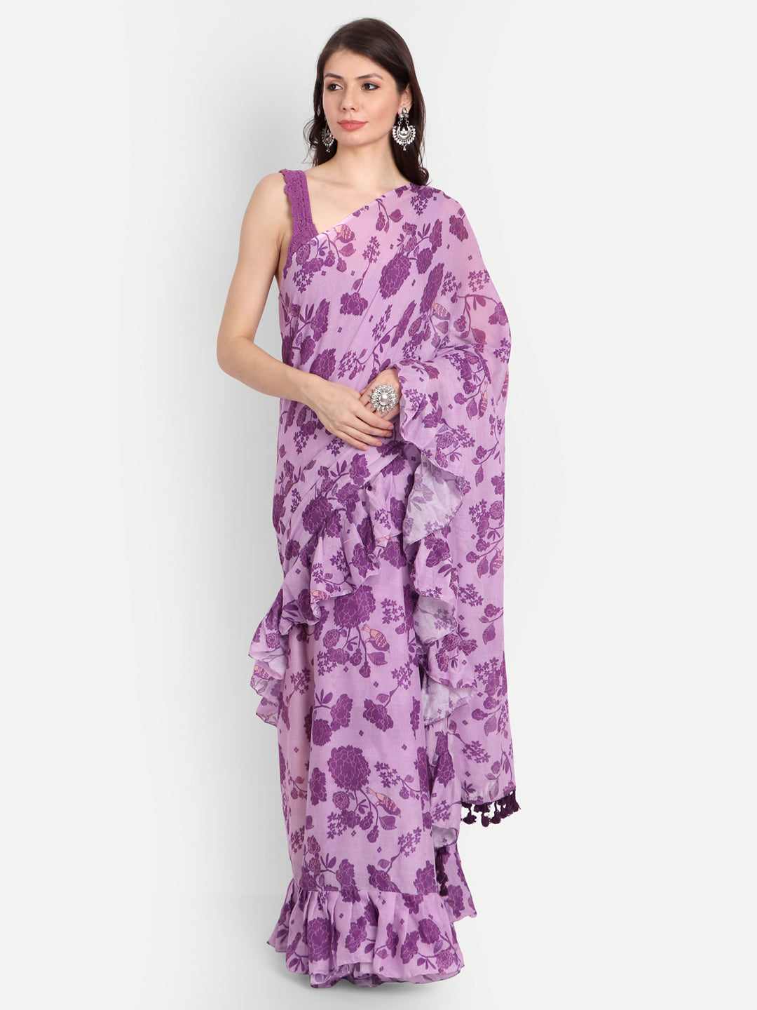 Purple Bird Print Frill Saree