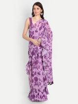 Purple Bird Print Frill Saree