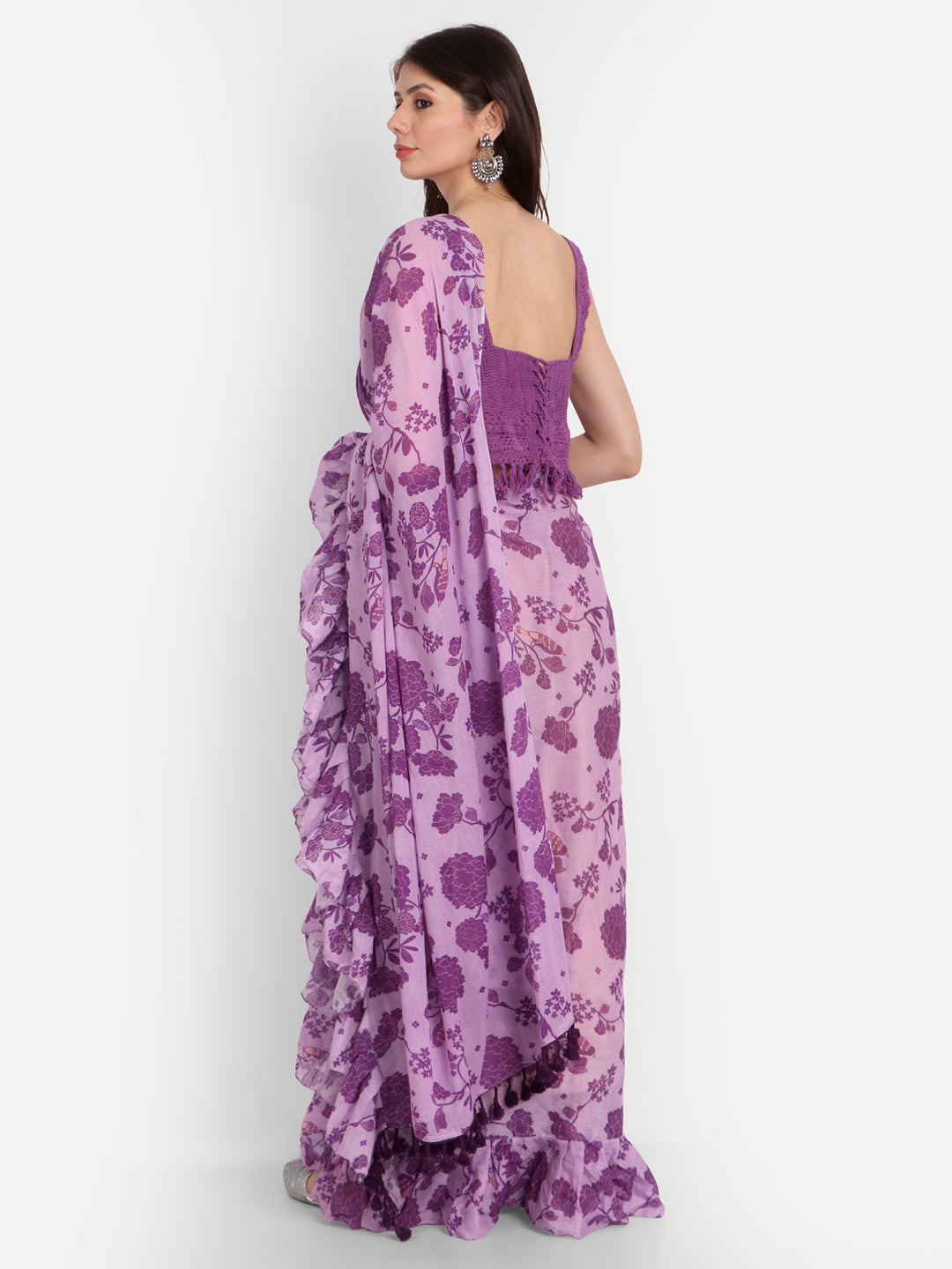 Purple Bird Print Frill Saree