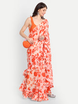 Orange Bird Print Frill Saree