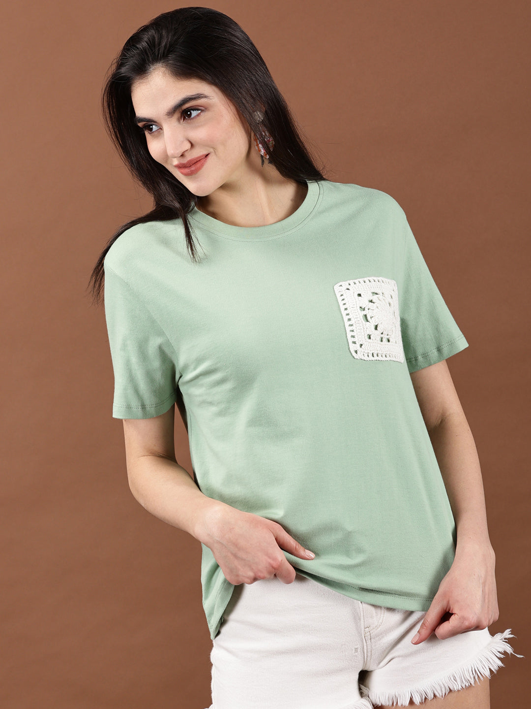 Beige Crochet Pocket T-shirt