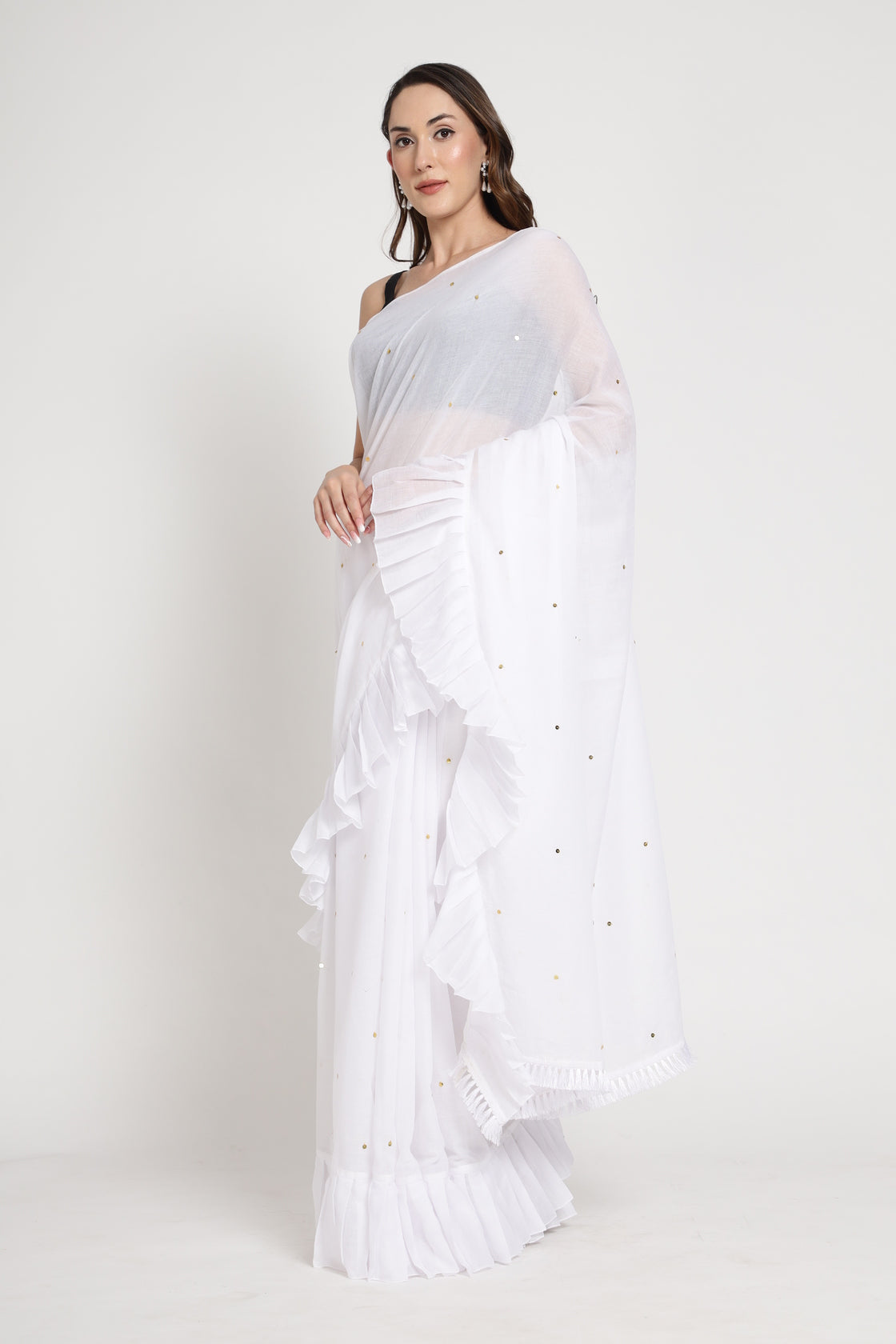 White Frill Saree With Sequence
