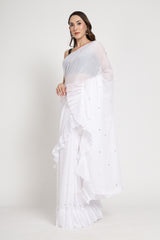 White Frill Saree With Sequence