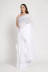 White Frill Saree With Sequence
