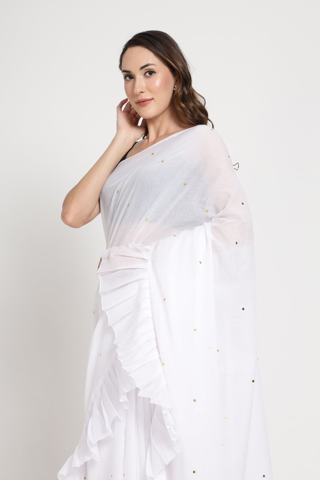 White Frill Saree With Sequence