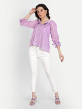 Lavender Pleated Rose Embroidery Collar Shirt