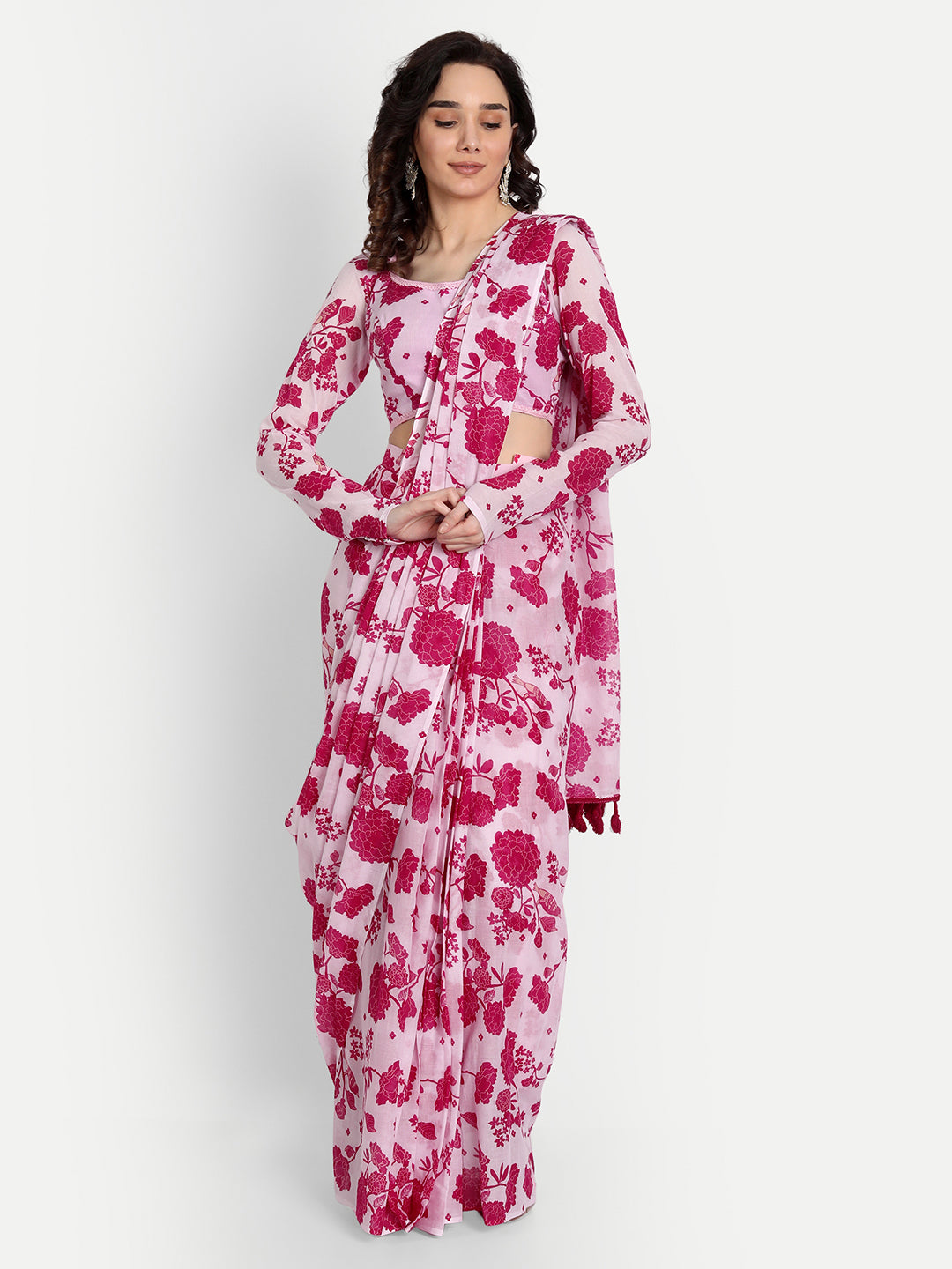 Pink Bird Print Draped Saree With Blouse