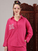 Pink kantha hand embroidery oversized pocket shirt
