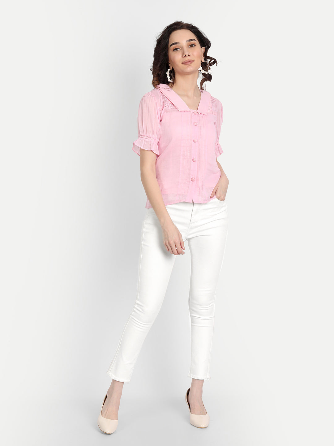 Baby Pink Pleated Lace Collar Shirt