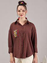 Brown kantha hand embroidery oversized  pocket shirt