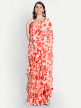 Orange Bird Print Frill Saree