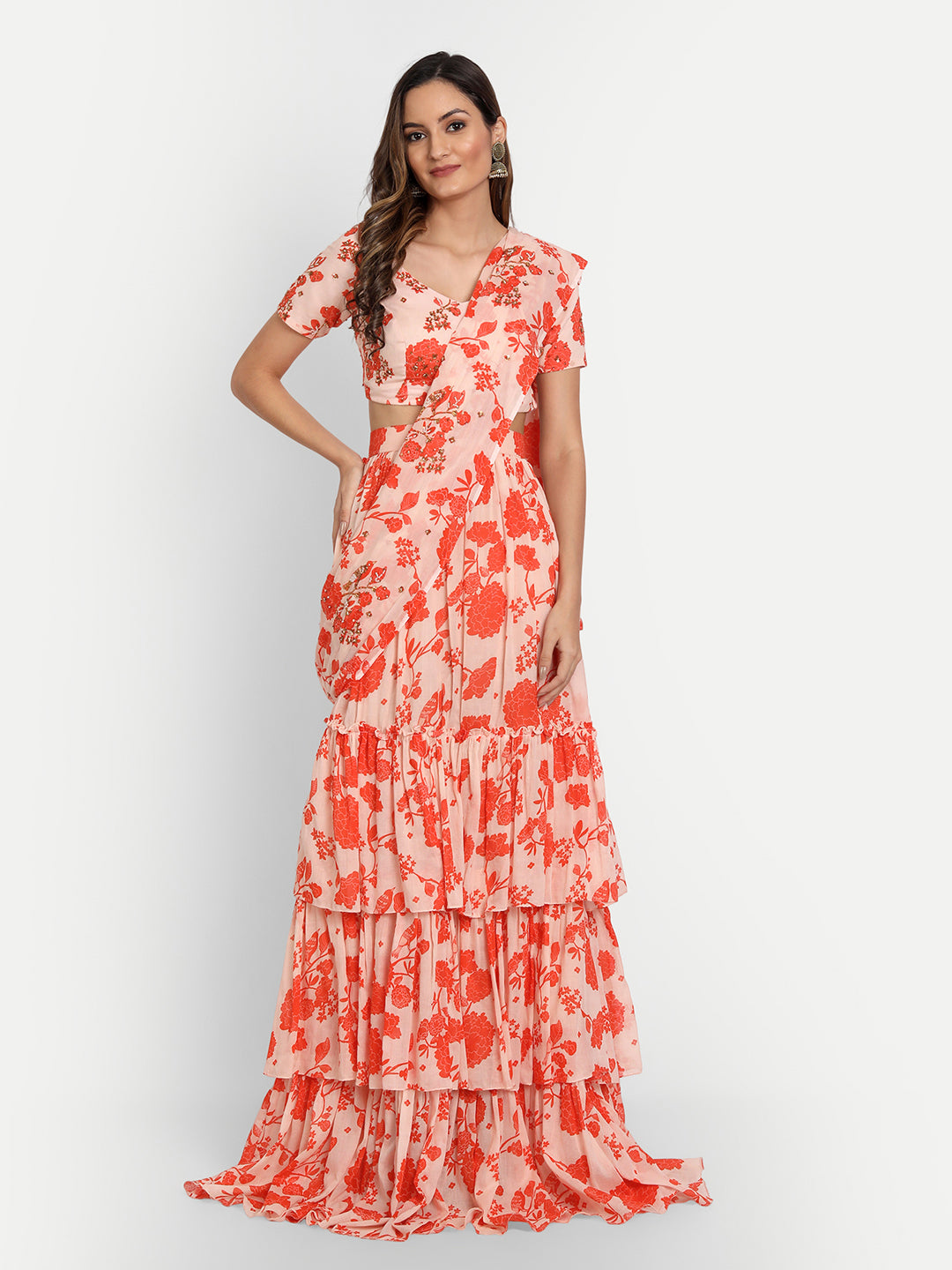 Orange Bird Print Gharara Saree And Blouse