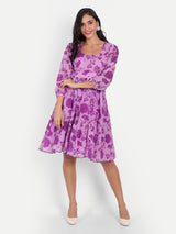 Purple Bird Print Ruffle Dress