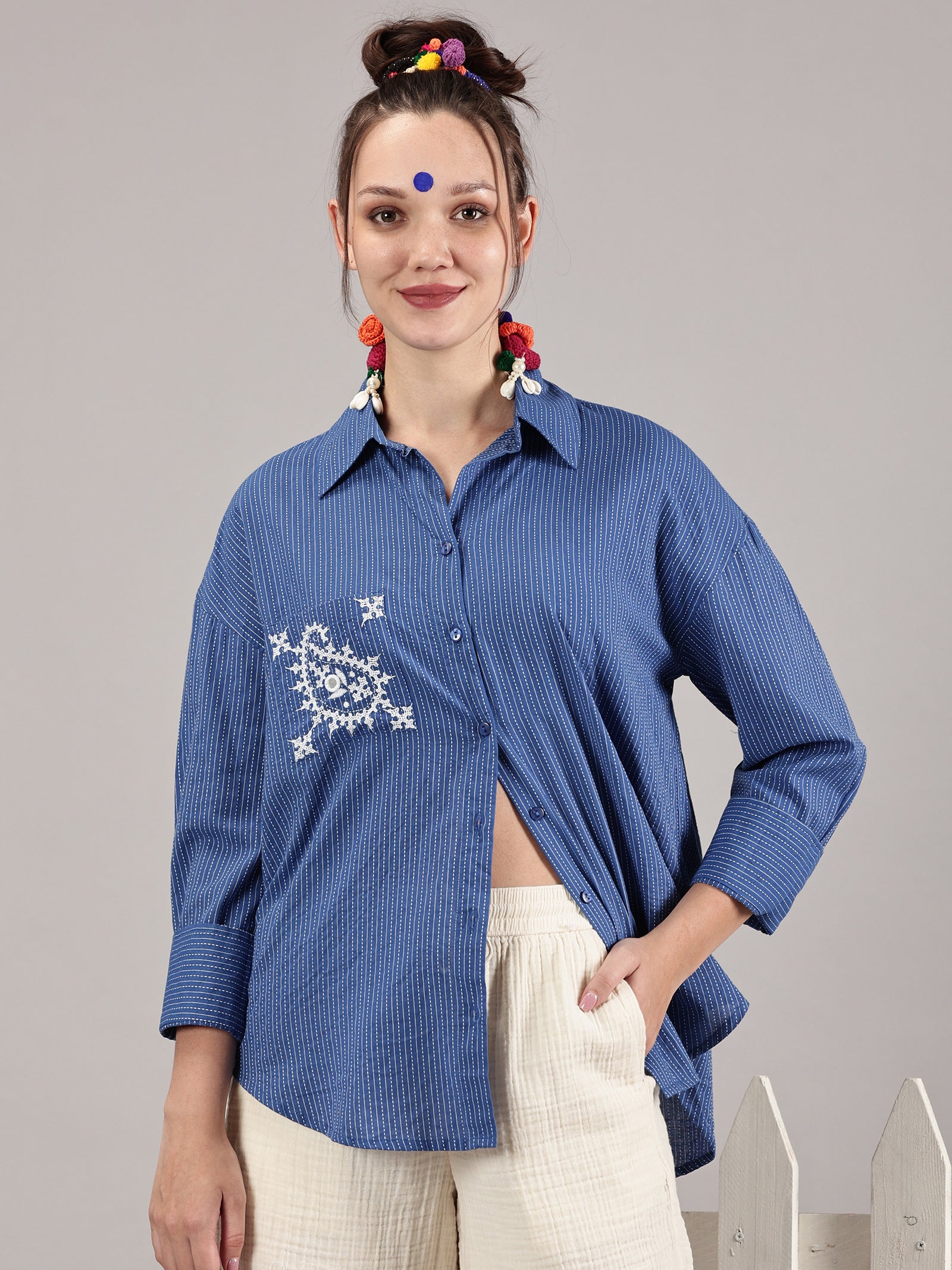 Indigo kantha hand embroidery oversized  pocket  shirt