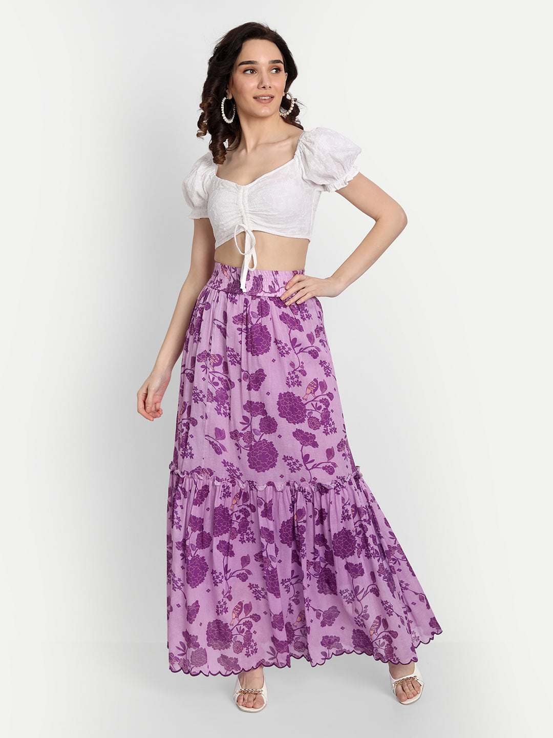 Bird Print Purple Ruffle Skirt