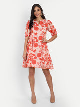 Orange Bird Print Side Pleated Dress