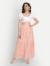 Peach French Knot Embroidery Ruffle Skirt