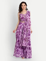 Purple Bird Print Plazoo Saree And Blouse