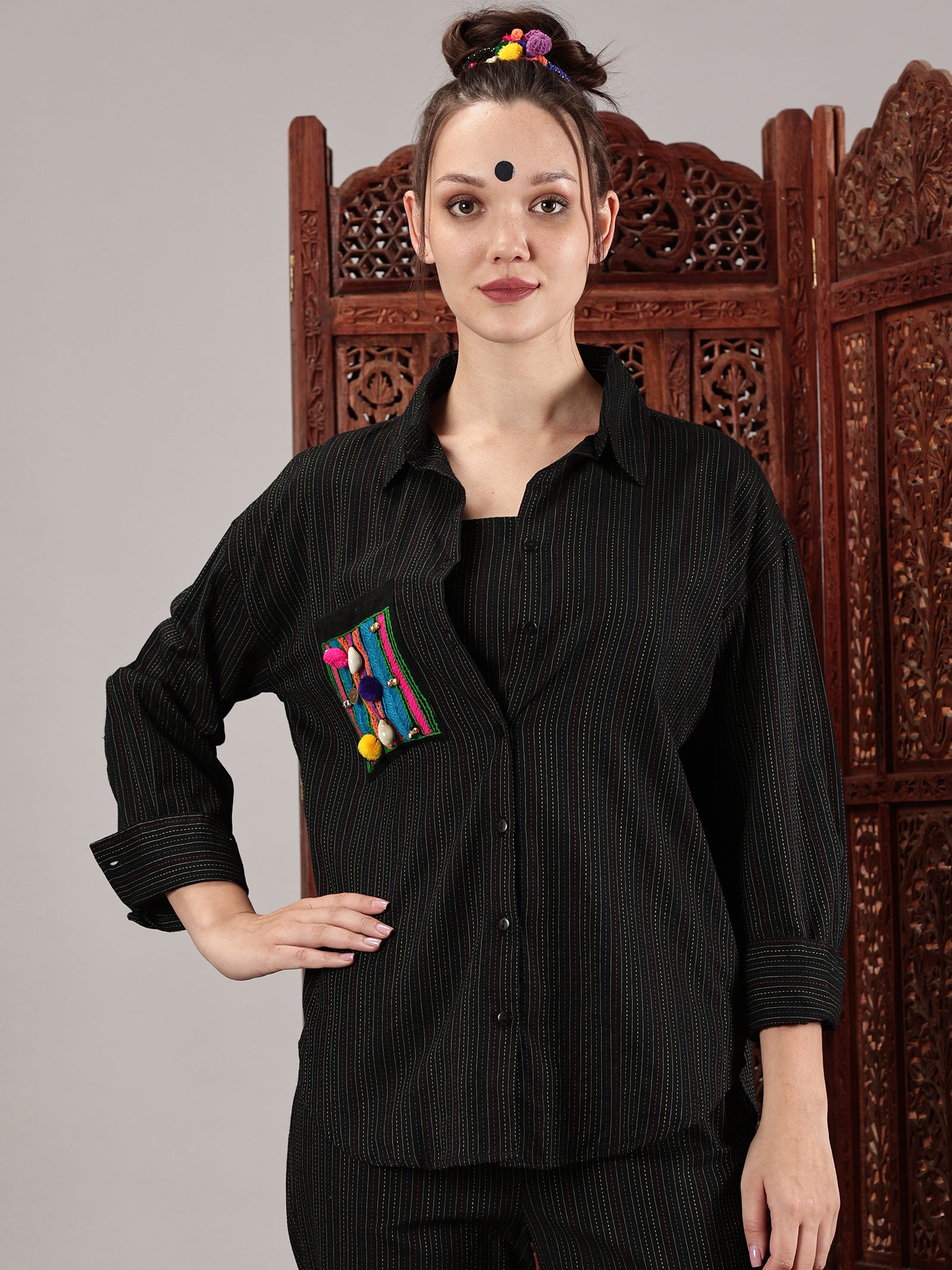 Black kantha hand embroidery oversized  pocket shirt