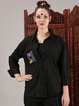 Black kantha hand embroidery oversized  pocket shirt