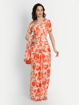 Orange Bird Print Pre Draped Saree With Blouse