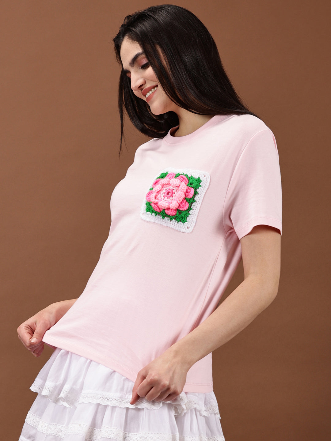 Baby Pink flower  Crochet Pocket T-shirt