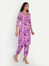 Purple Bird Print Kurta Set