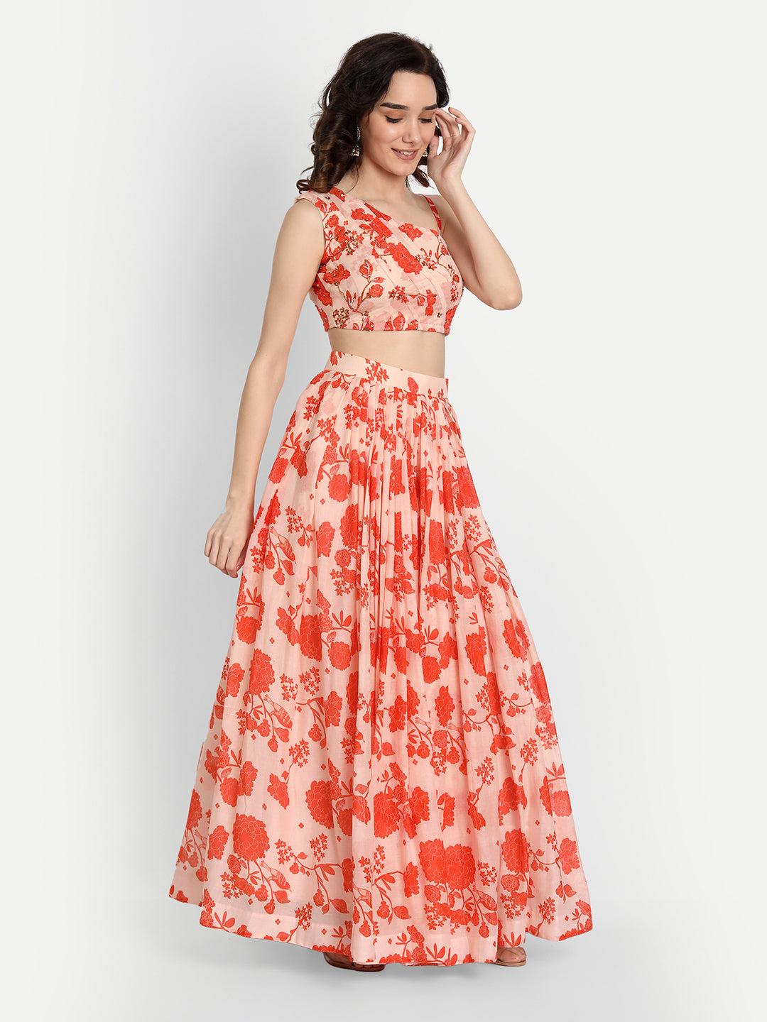 Orange Bird Print Lehenga With One Shoulder Blouse