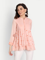 Peach French Knot Embroidery Collar Top