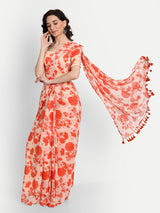 Orange Bird Print Pre Draped Saree With Blouse