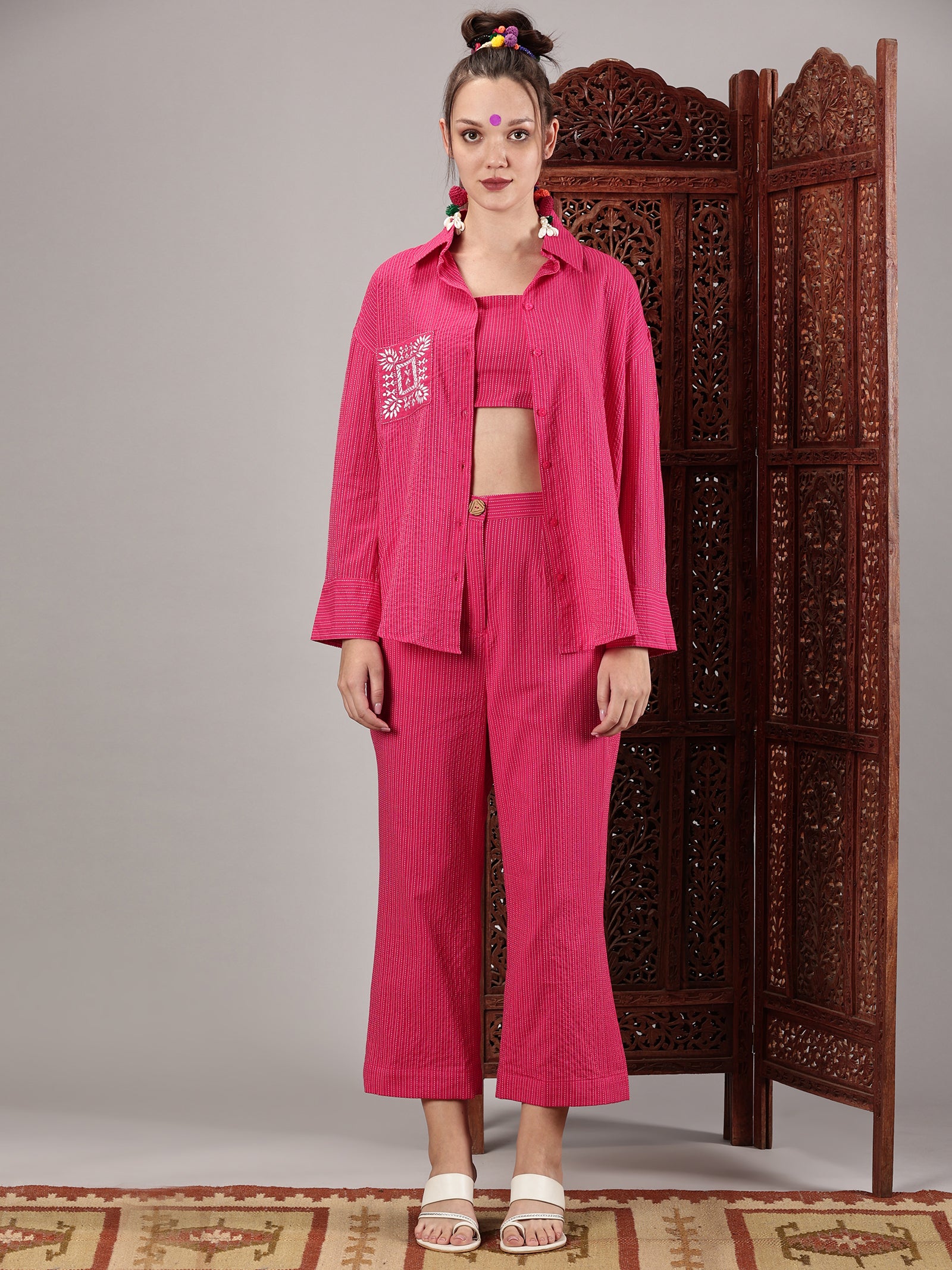 Pink kantha hand embroidery oversized pocket shirt