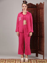 Pink kantha hand embroidery oversized pocket shirt