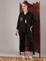 Black kantha hand embroidery oversized  pocket shirt
