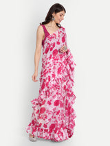 Pink Bird Print Frill Saree