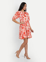 Orange Bird Print Side Pleated Dress