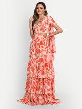 Orange Bird Print Gharara Saree And Blouse