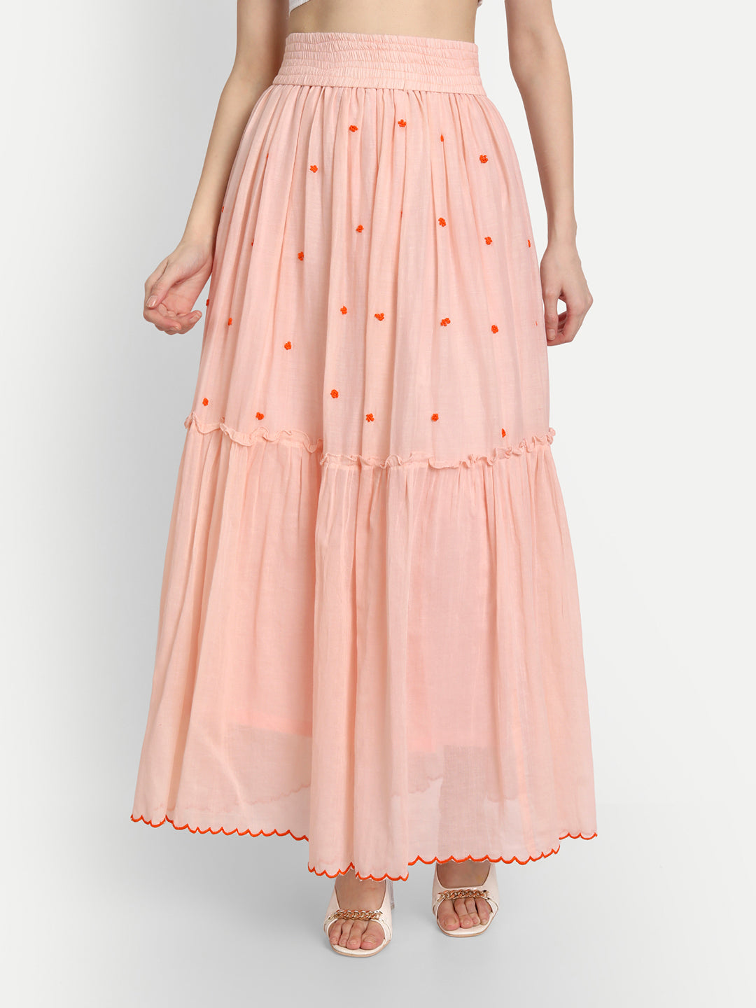Peach French Knot Embroidery Ruffle Skirt
