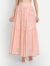 Peach French Knot Embroidery Ruffle Skirt