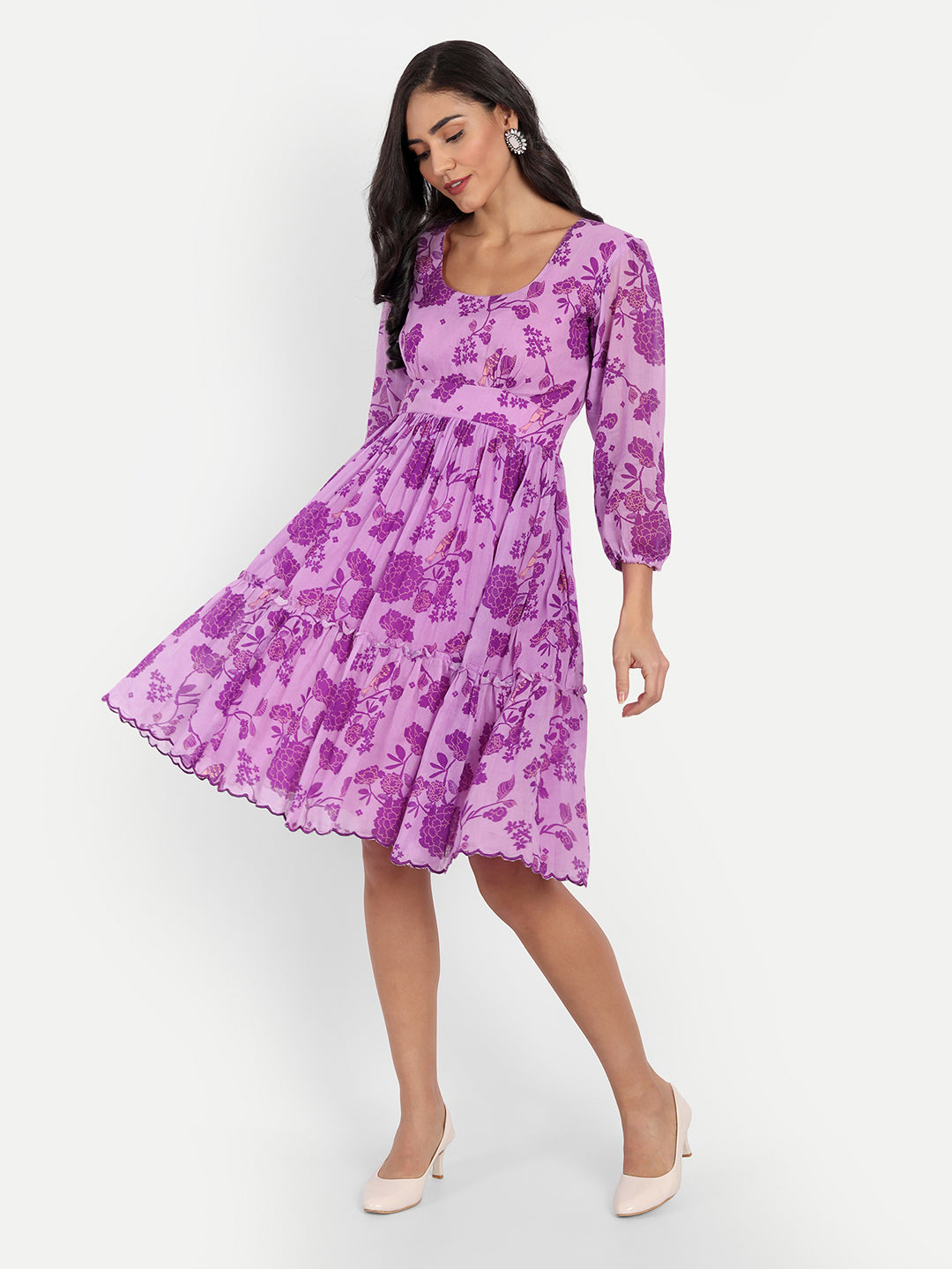 Purple Bird Print Ruffle Dress