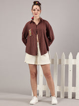 Brown kantha hand embroidery oversized  pocket shirt