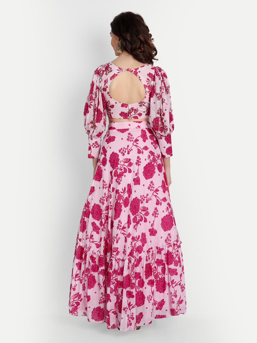 Pink Bird Print Lehenga With Bishop Sleeve Blouse And Dupatta