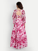 Pink Bird Print Lehenga With Bishop Sleeve Blouse And Dupatta