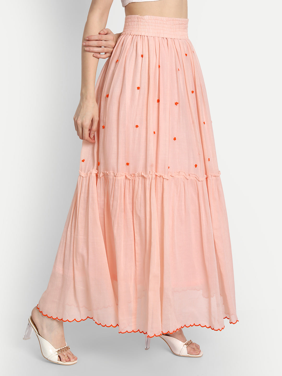 Peach French Knot Embroidery Ruffle Skirt