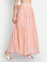 Peach French Knot Embroidery Ruffle Skirt