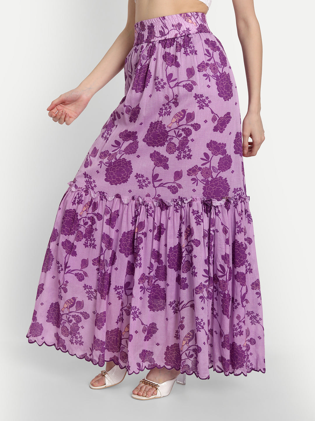 Bird Print Purple Ruffle Skirt