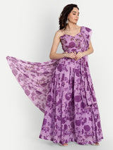Purple Bird Print Plazoo Saree And Blouse