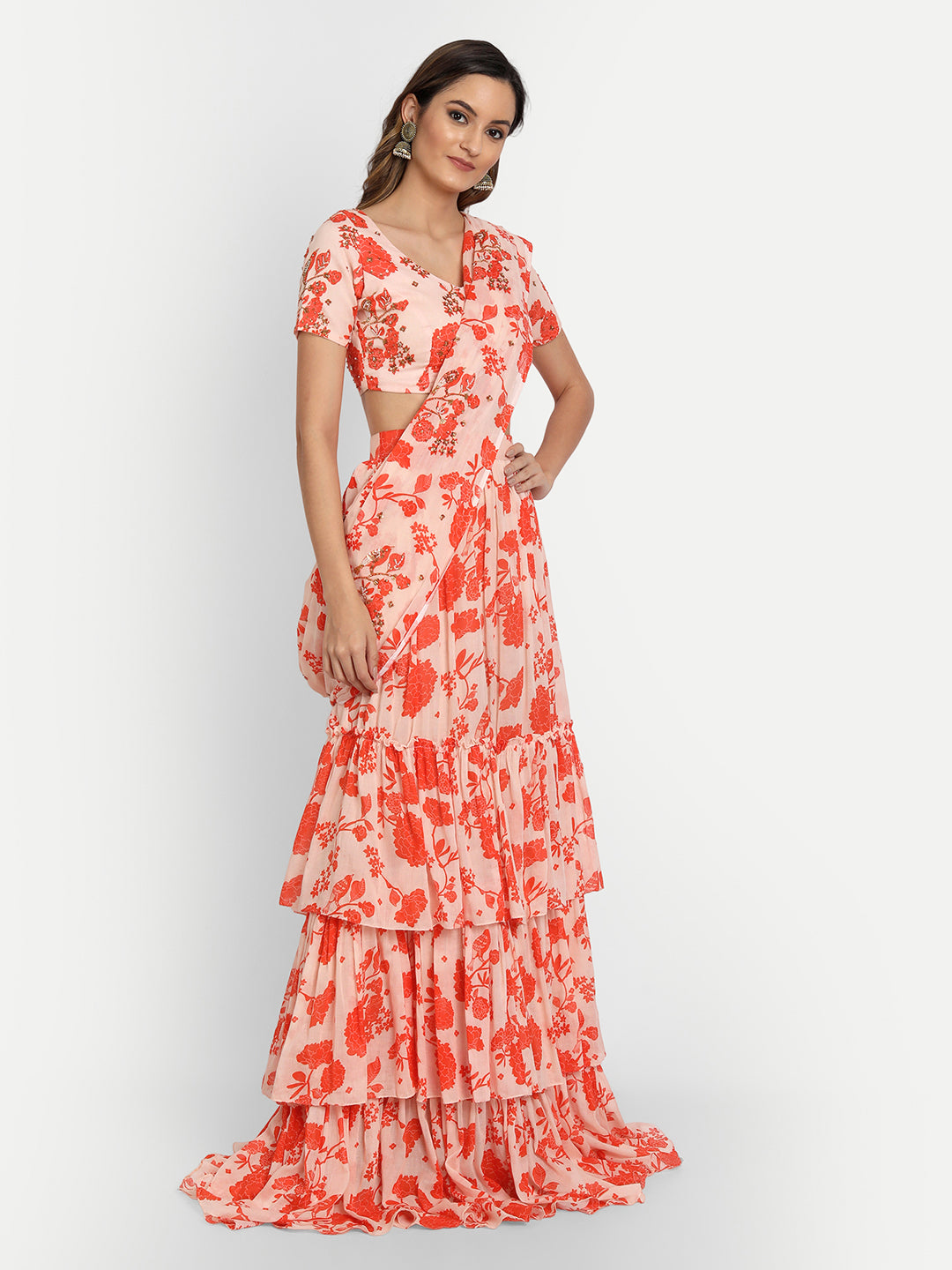 Orange Bird Print Gharara Saree And Blouse