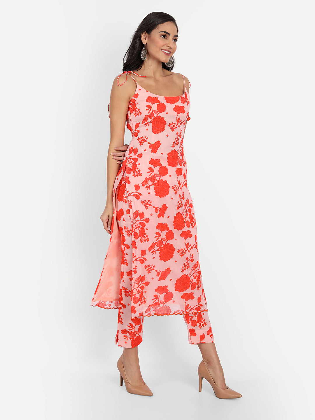 Strap Orange Bird Print Kurta Set
