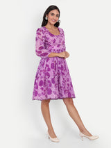 Purple Bird Print Ruffle Dress